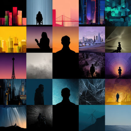 Explore a captivating collection of abstract silhouettes and urban scenes with vivid colors, ideal for enhancing creative projects and inspiring visual storytelling.の素材