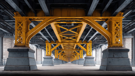 A captivating view of an intricate yellow bridge structure highlighting its robust design and engineering, perfect for themes of architecture and urban exploration.の素材
