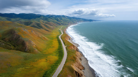 Discover a breathtaking view of a coastal highway winding along the rugged cliffs, featuring vibrant green hills, dynamic ocean waves, and a picturesque sky. Perfect for travel enthusiasts!の素材