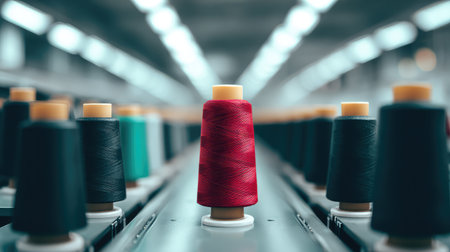 A vibrant red thread spool stands out among an array of colorful sewing bobbins, showcasing the tools of the textile industry in a modern factory environment.の素材