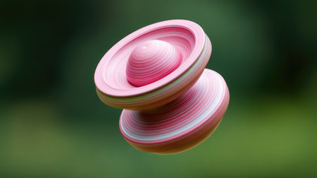 Embrace the joy of childhood with this vibrant spinning top design, showcasing playful movement and a dreamy atmosphere against a soft green backdrop.の素材