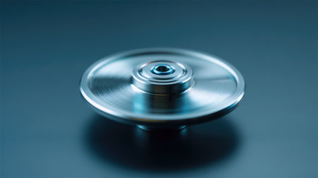 A captivating high-quality close-up image of a metal fidget spinner in motion, highlighting its sleek design and reflective surface while showcasing the dynamics of spinning.の素材
