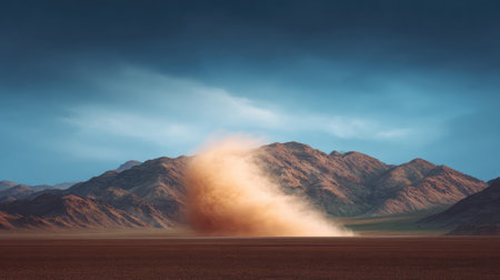 A breathtaking view of a dust storm sweeping across a vast desert, with majestic mountains in the distance and an atmospheric sky above, capturing the raw beauty of nature's elements.の素材