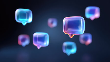 Abstract representation of communication through colorful 3D bubbles, showcasing vibrant dialogue icons floating gracefully in a digital space with soft lighting effects.の素材