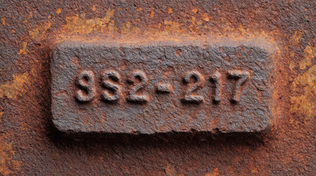 Close-up view of a weathered metal plate showcasing the numbers 9S2-217, highlighting rust and texture, ideal for industrial or vintage-themed designs.の素材