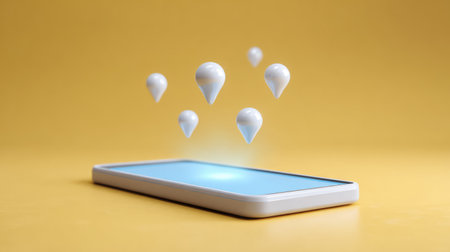 A sleek smartphone rests on a yellow surface, featuring floating notification icons above it, illustrating modern technology and digital communication in a vibrant and engaging way.の素材