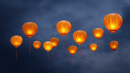 This captivating image showcases a series of glowing orange lanterns that float elegantly against a dark sky, creating a mesmerizing effect ideal for celebrations and special moments.の素材