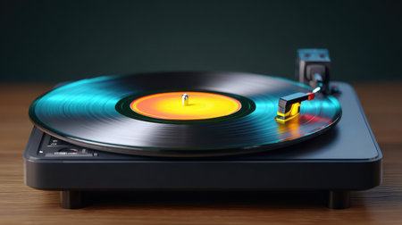 A vibrant vinyl record spins on a sleek turntable, showcasing a perfect blend of retro charm and modern design in a cozy environment inviting music lovers to enjoy sound.の素材