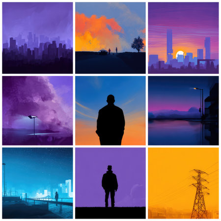 A captivating collage of urban scenes at dusk showcasing silhouettes and stunning colors, offering a serene view of city life and nature's beauty intertwined in artistic harmony.の素材