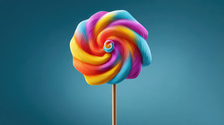 A vibrant swirl lollipop featuring bright colors of blue, pink, yellow, and orange, perfect for evoking a sense of fun, sweetness, and nostalgia in various creative projects.の素材