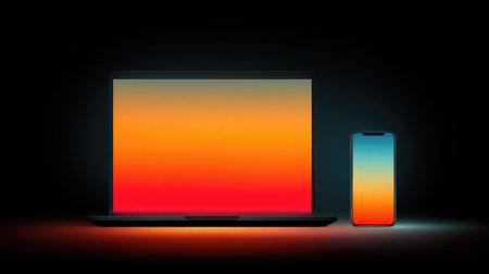 Envision a sleek laptop and smartphone showcasing a vibrant gradient background, ideal for illustrating modern technology themes and enhancing digital presentations.の素材