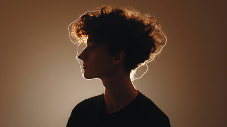 A striking profile silhouette of a young person showcasing textured curly hair, bathed in soft, glowing light that enhances the serene and artistic ambiance.の素材