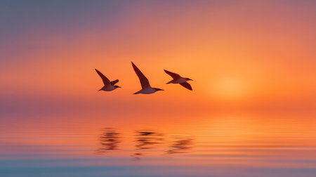 A breathtaking scene of birds gracefully flying over a still water surface during a stunning sunset, reflecting a warm gradient of colors, creating a serene atmosphere at dusk.の素材