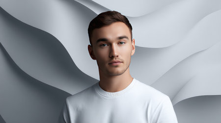 A striking portrait of a young man exuding elegance and calmness against a gently flowing gray fabric background, perfect for contemporary artistic themes and fashion concepts.の素材