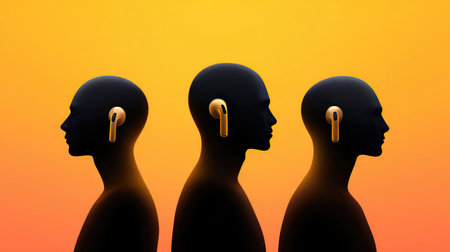 Three unique silhouettes highlight the integration of technology in human life, showcasing wireless earbuds against a striking orange gradient background.の素材