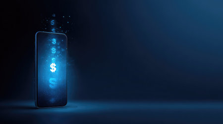 An artistic representation of a smartphone featuring illuminated dollar signs, representing the evolution of finances and digital transactions in today's technology-driven world.の素材