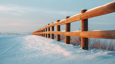 A tranquil winter landscape featuring a wooden fence bordered by freshly fallen snow, illuminated by soft sunlight under a clear blue sky, evoking peace and serenity.の素材