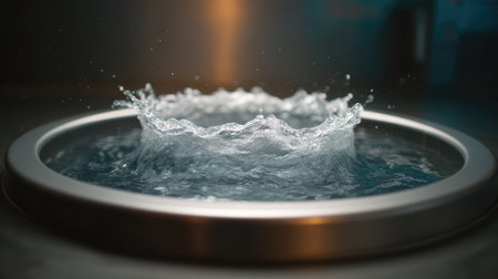A stunning capture of water splashing in a sleek stainless steel basin, showcasing the intricate beauty of droplets and ripples against a softly blurred background.の素材