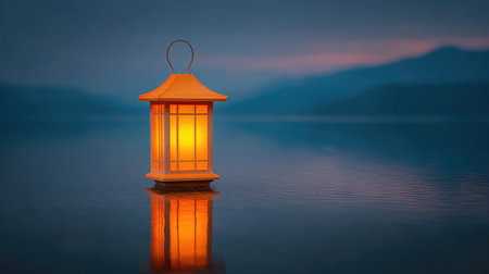 A charming lantern softly lights the calm waters at dusk, creating a serene atmosphere with its warm glow and beautiful reflections in a tranquil natural setting.の素材
