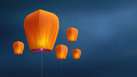 A stunning display of glowing orange lanterns floating gracefully in the night sky, set against a deep blue background, ideal for cultural festivities and celebrations.の素材