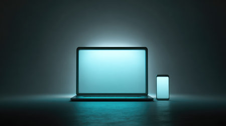 A captivating scene featuring a glowing laptop and smartphone against a dark background, ideal for showcasing technology, innovation, and modern design concepts.の素材