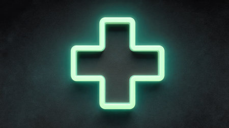A glowing neon cross symbol on a textured dark background, representing healthcare and medical assistance in a modern and visually appealing style, suitable for various creative projects.の素材