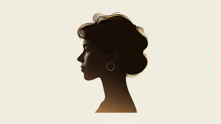 This sophisticated silhouette showcases a woman's profile with elegant curls and a hoop earring, emphasizing modern beauty and artistic design elements for creative projects.の素材