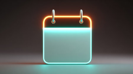This image features a modern digital calendar icon enhanced with a neon glow effect, ideal for concepts related to time, planning, and technological design elements.の素材