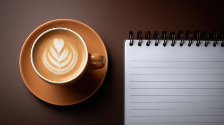 Enjoy a top-down view of a warm coffee cup featuring beautiful heart latte art beside a blank notepad, perfect for capturing inspiration in a cozy cafe atmosphere.の素材