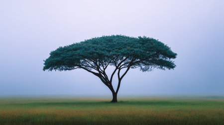 A stunning solitary tree stands gracefully in a foggy landscape, exuding tranquility and minimalism. This image captures the essence of nature's beauty in a peaceful setting.の素材