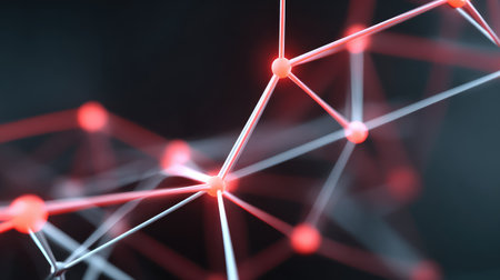 Detailed representation of a digital network with glowing nodes and interconnected lines, highlighting the beauty of data flow and modern communication in a dark environment.の素材