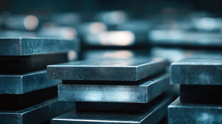 A close-up view of shiny metallic steel plates stacked in an industrial setting, showcasing their smooth surfaces and reflecting light, ideal for manufacturing and construction visuals.の素材