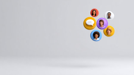 Colorful speech bubbles featuring diverse faces symbolize connection and community in conversation, showcasing modern engagement and interaction in a digital age.の素材