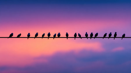 A stunning capture of silhouetted birds perched on a power line, set against a vibrant sunset sky filled with pink and purple hues, conveying peace and natural beauty.の素材