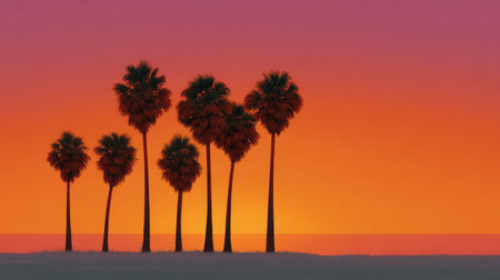 A stunning sunset casts an orange glow over a tranquil beach, featuring silhouetted palm trees that create a serene and picturesque scene ideal for relaxation and inspiration.の素材