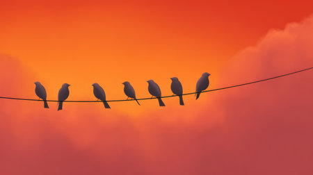 A serene scene featuring silhouettes of birds perched on a wire against a stunning sunset. The vibrant orange and pink clouds create a tranquil atmosphere perfect for nature lovers.の素材