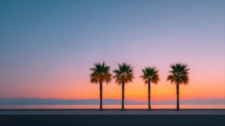 Experience a breathtaking sunset with silhouetted palm trees against a vivid sky, showcasing the serene beauty of a tropical paradise and evoking feelings of peace.の素材