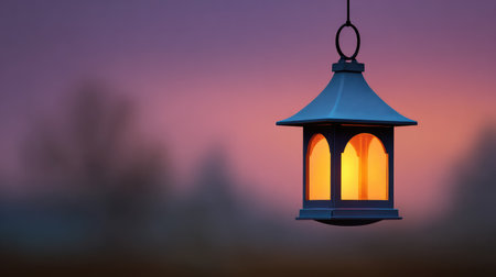 A stunning lantern emits a warm glow during the dusk hours, creating a peaceful and serene atmosphere. Ideal for conveying themes of tranquility and beauty in nature.の素材