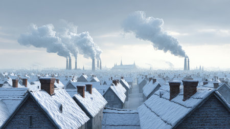 A winter urban scene featuring snow-covered rooftops and industrial smokestacks emitting smoke against a cloudy sky, illustrating the impact of urbanization and environmental concern.の素材