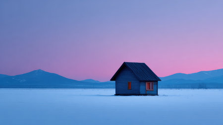 A tranquil winter scene featuring a solitary wooden house surrounded by a vast snowy landscape and distant mountains under a breathtaking twilight sky.の素材