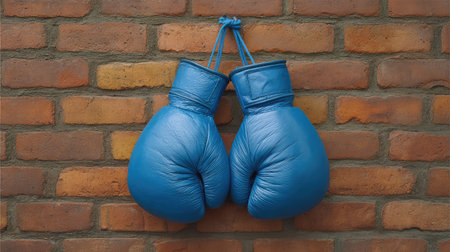 A pair of blue boxing gloves hangs on a brick wall, capturing the essence of sports and fitness. Ideal for promoting any boxing or training themes in various contexts.の素材