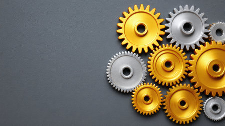 A visually striking arrangement of gold and silver gears set against a dark background, illustrating the intricate nature of mechanical design and engineering principles.の素材