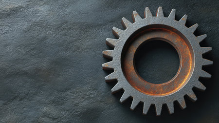 A close-up view of a rusty gear set against a dark slate background, highlighting its industrial characteristics and vintage appeal, ideal for designs related to engineering and machinery.の素材