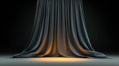 Captivating image of elegant black drapery featuring soft lighting that creates a warm glow, perfect for artistic backgrounds or theatrical presentations in photography projects.の素材