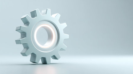 A striking 3D render of a solitary white gear set against a soft light background, symbolizing technology, creativity, and innovative design for various professional uses.の素材