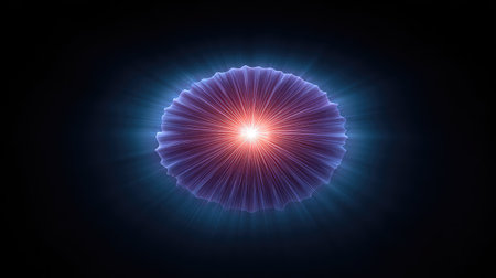 This striking image depicts a vibrant cosmic energy burst, showcasing radiating light effects in deep blue and purple hues. Perfect for abstract and science themes.の素材