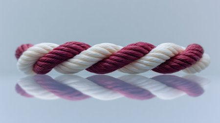 A close-up image of a twisted red and white rope showcasing its texture and reflection on a smooth surface, ideal for creative projects or as a decorative element.の素材
