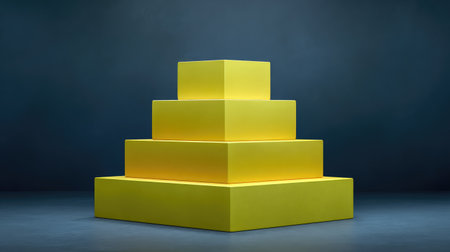 This striking image features vibrant yellow blocks arranged in a pyramid shape against a dark background, highlighting contemporary design and creative aesthetics in a studio environment.の素材