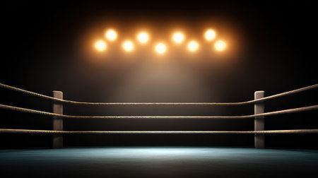 An empty boxing ring awaits its next thrilling match, illuminated by dramatic spotlights that enhance the competitive atmosphere, ideal for sports-themed projects.の素材
