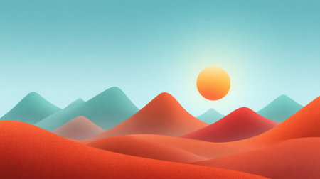 Explore a captivating abstract landscape featuring flowing hills bathed in warm tones and a vibrant sun, evoking tranquility and natural beauty in a minimalist setting.の素材